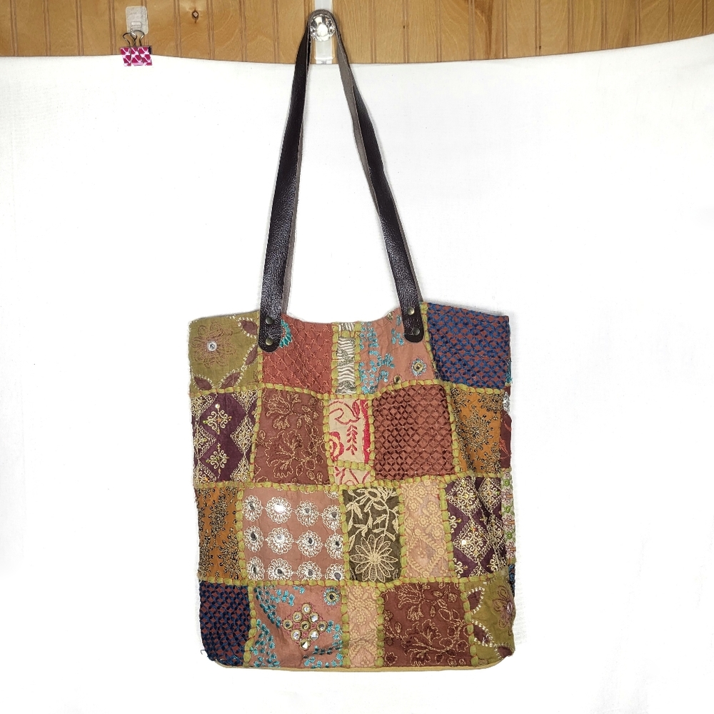 Recycled sari tote bag patchwork purse India quilt overnight boho bohemian